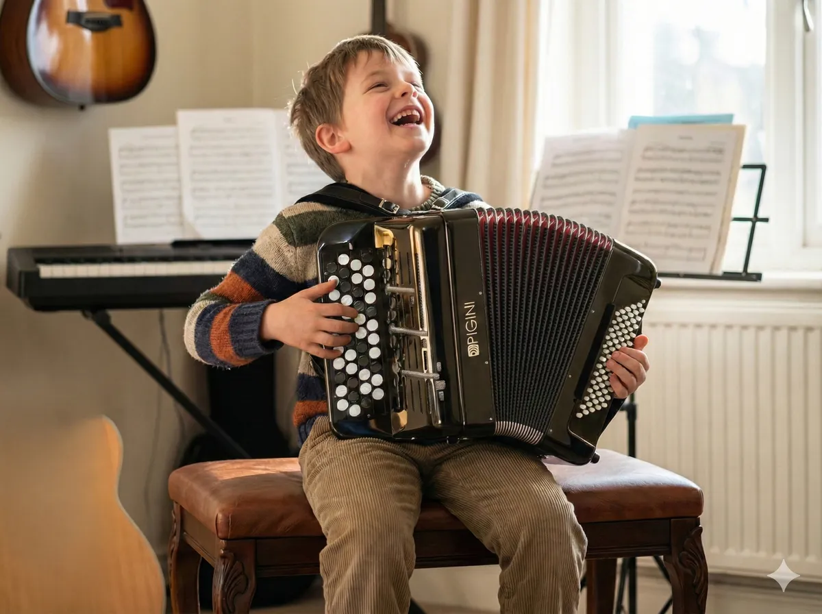 Junger Schüler spielt begeistert Akkordeon