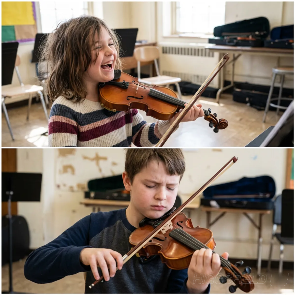 Junge Schüler spielen mit Freude Violine